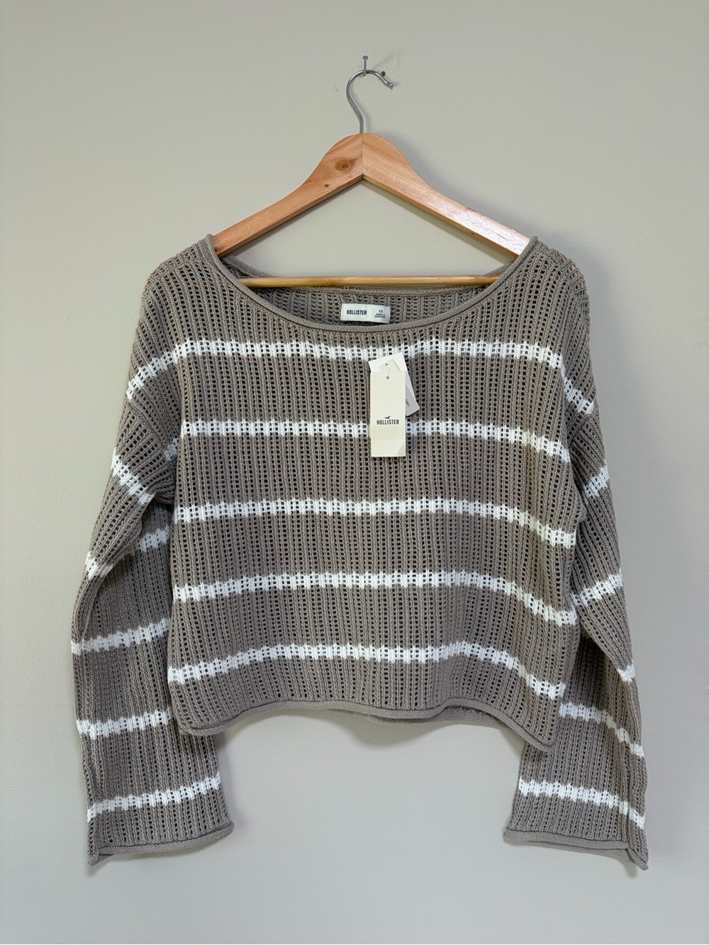Hollister Taupe and White Open-Knit Striped Off the Shoulder Sweater